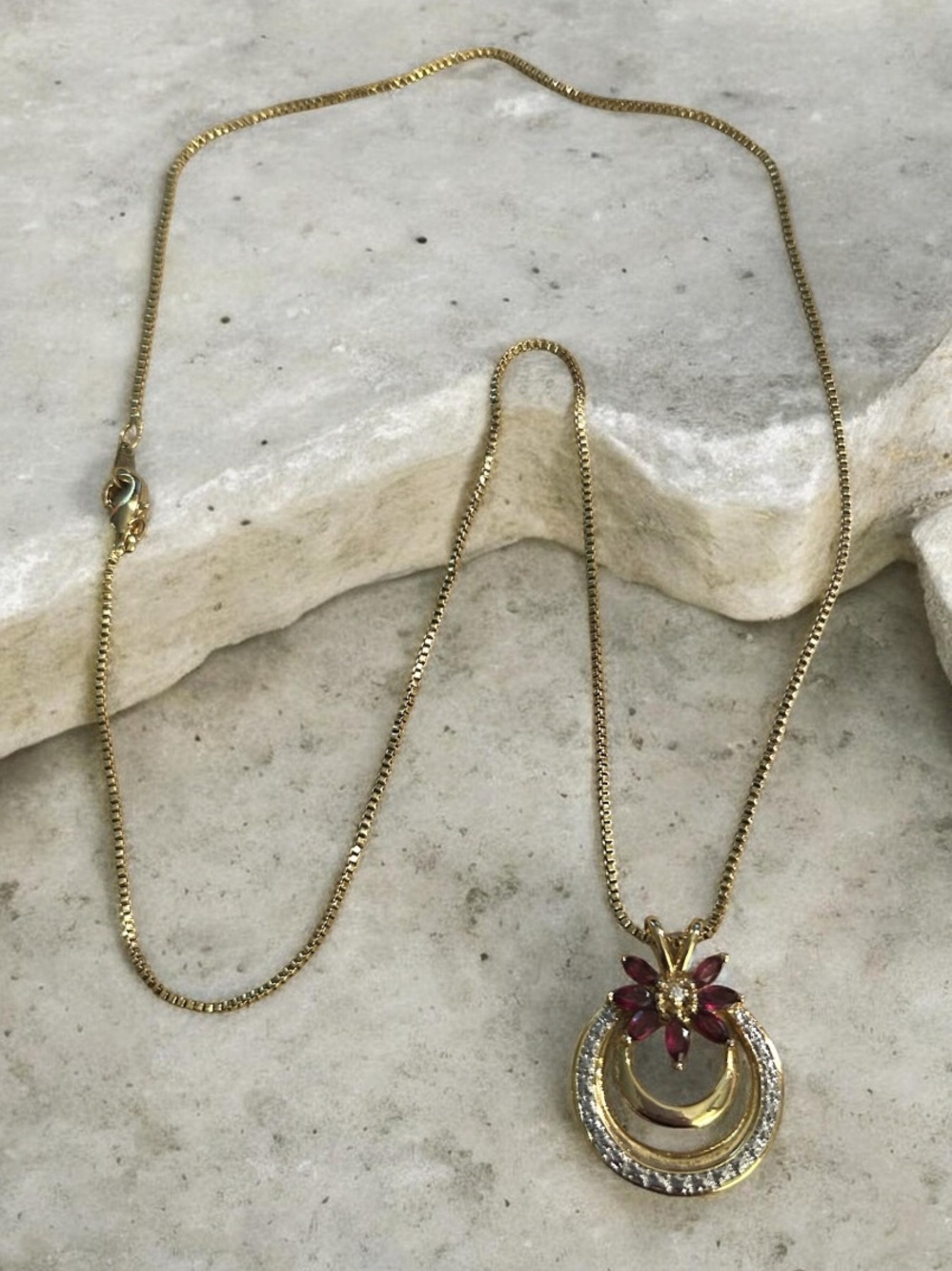 Vintage Crescent Moon Amethyst Style Flower Pendant Necklace Unsigned